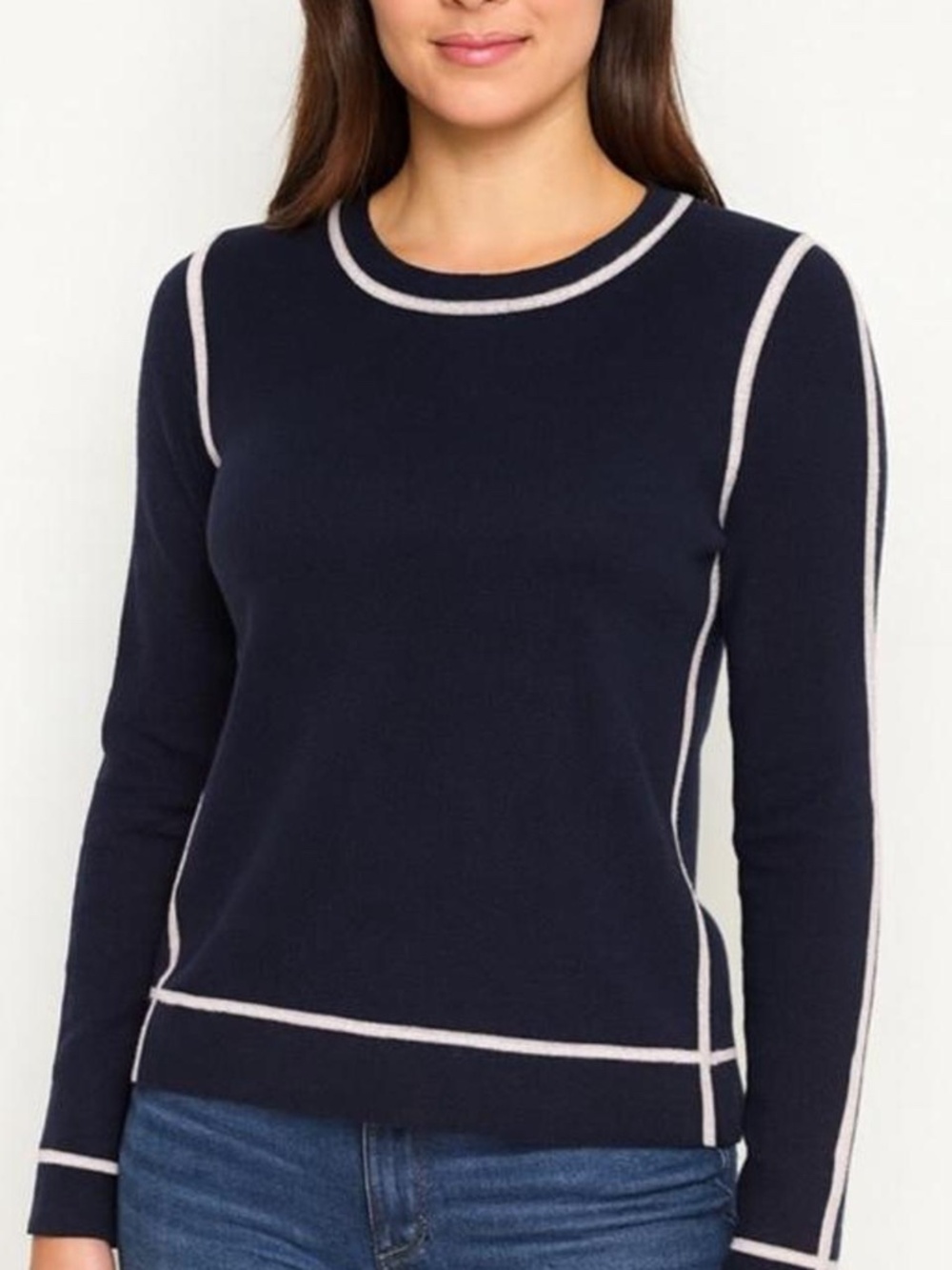 J CREW COLLECTION Navy Cashmere Crewneck Sweater w/ Ivory Tipping NWOT/sz L